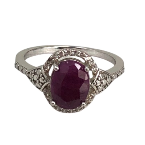 JTV Jewelry - Red Opaque Ruby Ring Zircon Halo Gemstones Rhodium Over Sterling Silver Size 7